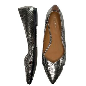 Calvin Klein Flats GAILIA Pointed Toe Shoes Faux Snakeskin Y2K Metallic Silver 9